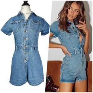 Lioness | Women | U Know What’s Up Y2K Short Denim Button Up Romper | Medium